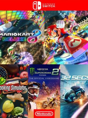 4 Juegos en 1 Mario Kart Deluxe 8, Cooking Simulator, Monster Energy Supercross The Official Videogame 2, 32 Secs - Nintendo Switch